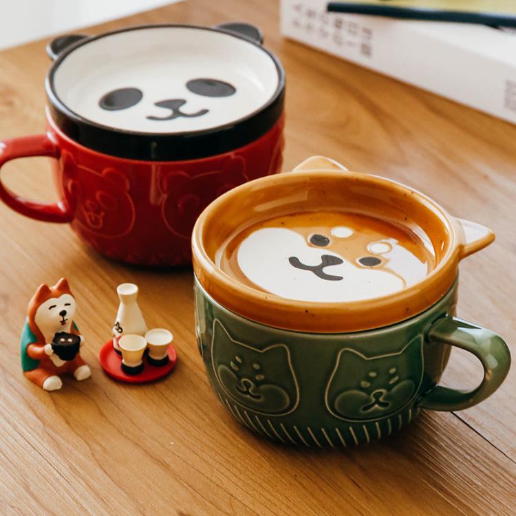 日系卡通柴犬熊貓陶瓷杯帶蓋情侶早餐馬克杯學生可愛牛奶杯 全館免運館