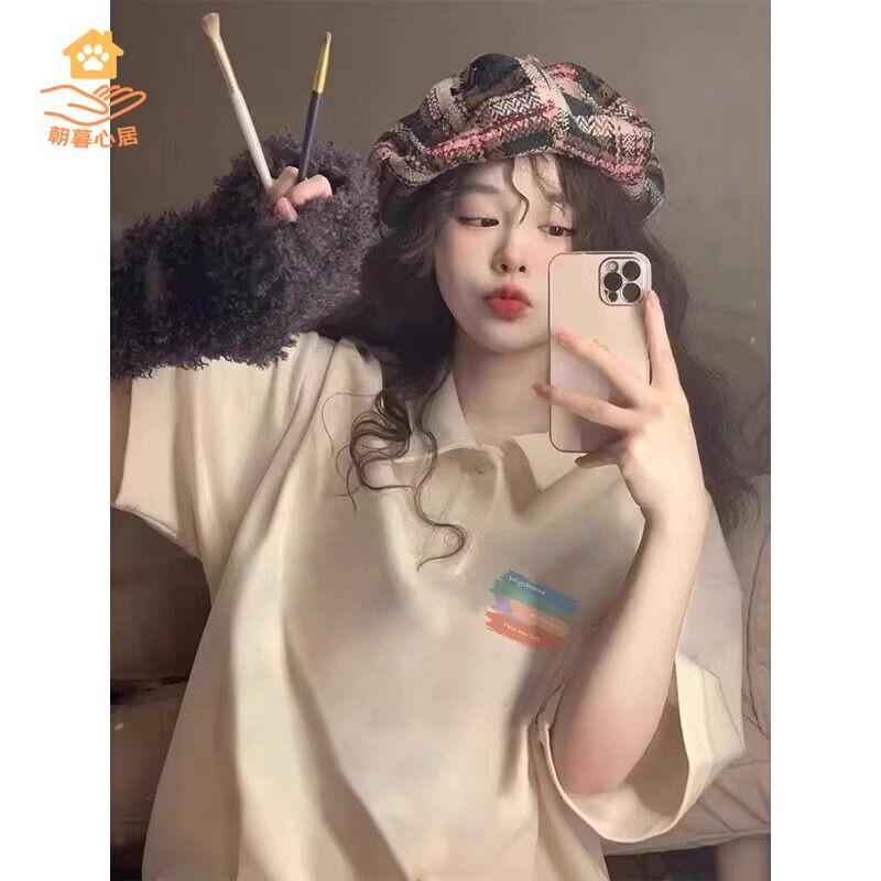 廠家直銷 T恤 短袖 POLO衫 POSHBRAIN純棉重磅polo領短袖t恤女夏季學院風港味寬松高階感上衣 現貨快速出貨sysh