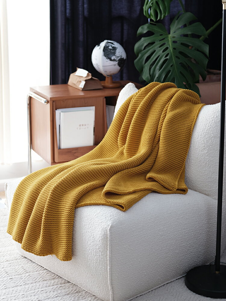 純色簡約粗毛線針織沙發休閑裝飾蓋毯加厚北歐床尾巾搭毯黃色包郵