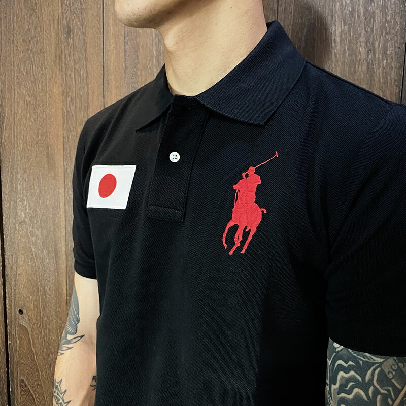 美國百分百【全新真品】Ralph Lauren Polo衫 短袖 RL 大馬紅馬 日本國旗 上衣 青年版 黑色 AC25