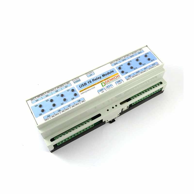 Denkovi 用於自動化的USB 16通道中繼板-DIN導軌盒 12VDC USB Serial Commands [2美國直購]