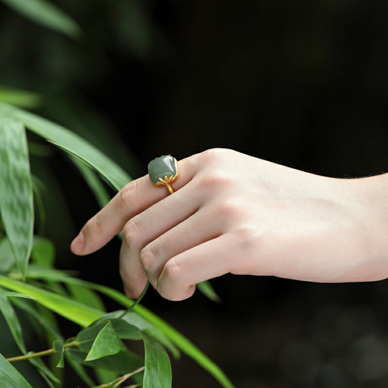 天然晴水色碧玉祥雲戒指古法金玉石開口可調節復古大氣禮物送老婆