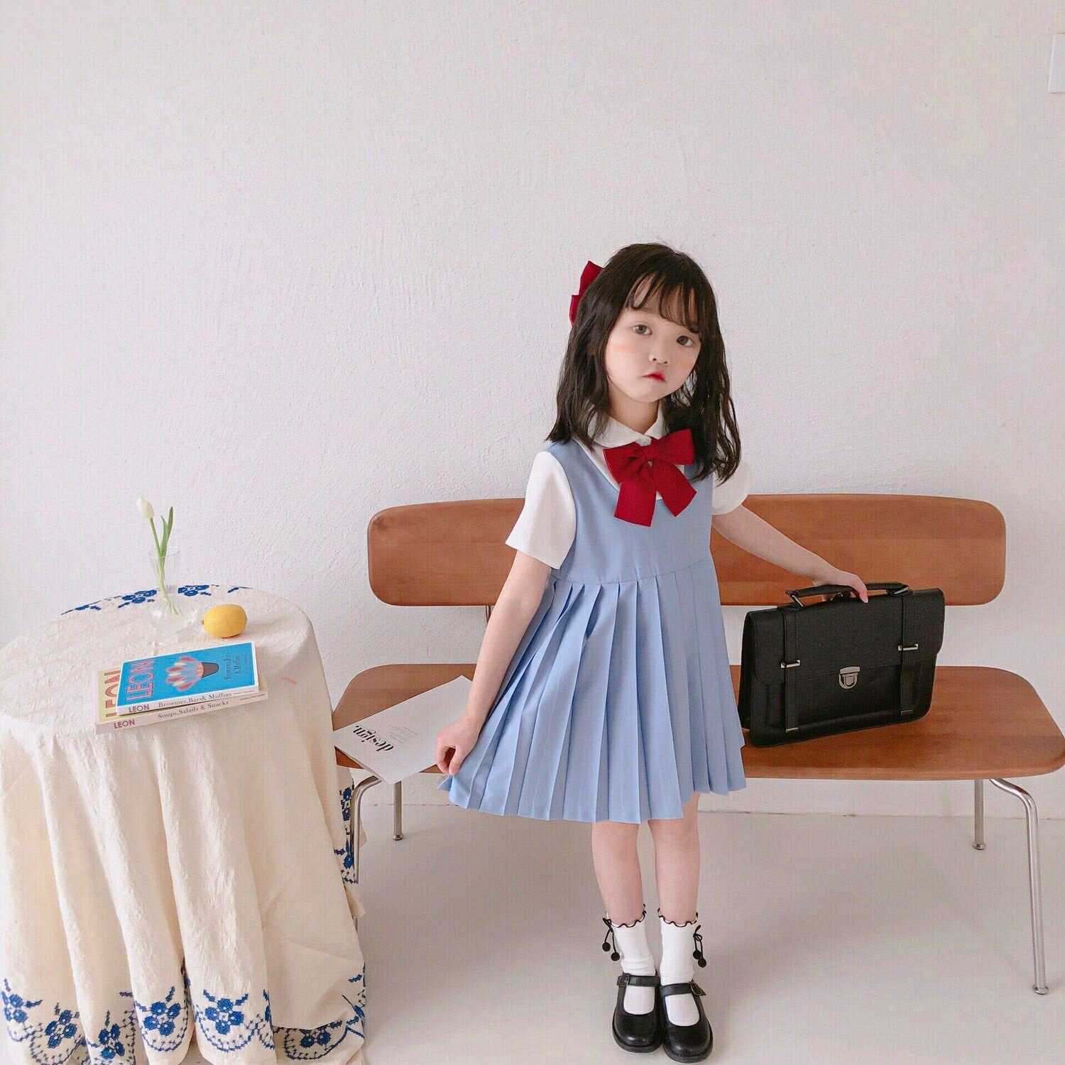 夏季女童學院風假兩件連衣裙新款韓版兒童洋氣短袖百褶連衣裙