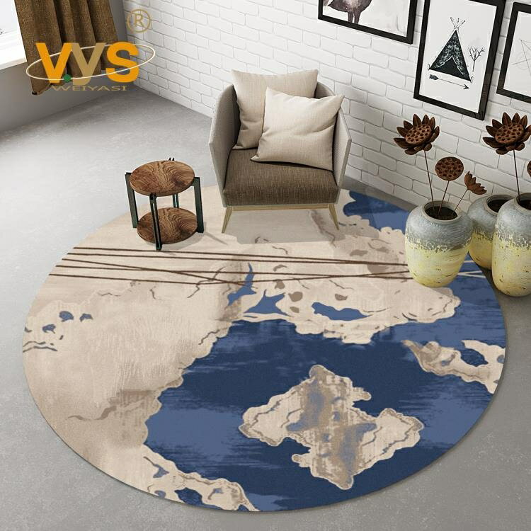 地毯 圓形地毯書房吊椅陽台北歐現代簡約短毛印花水洗藍色床邊臥室地毯