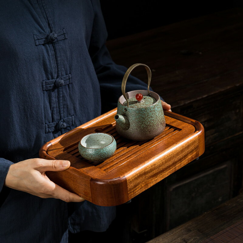 簡約小型茶盤黑檀花梨木家用簡易茶臺一人儲水式茶海茶具套裝干泡