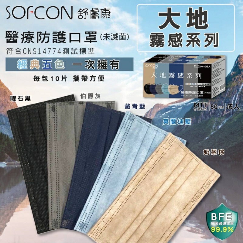 口罩 平面 霧感 舒膚康 成人口罩50入 （ㄧ盒5色）大地霧感系列 歐美藥局