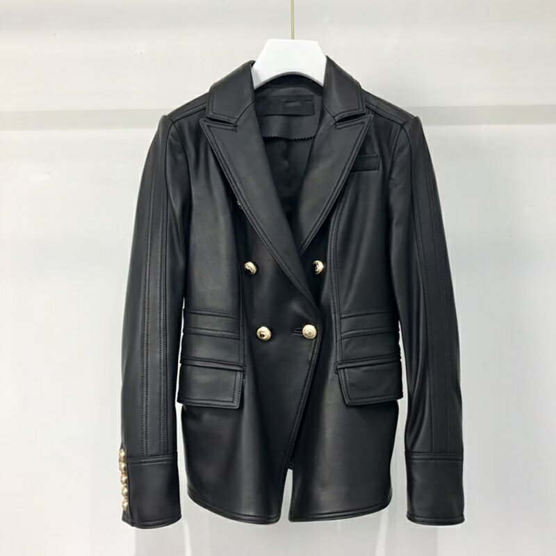 【巴黎精品】皮衣外套真皮夾克-輕商務雙排扣羊皮女外套2色a1dp83