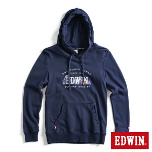 EDWIN 露營系列 富士山刺繡LOGO連帽長袖T恤-女款 丈青色 #換季折扣