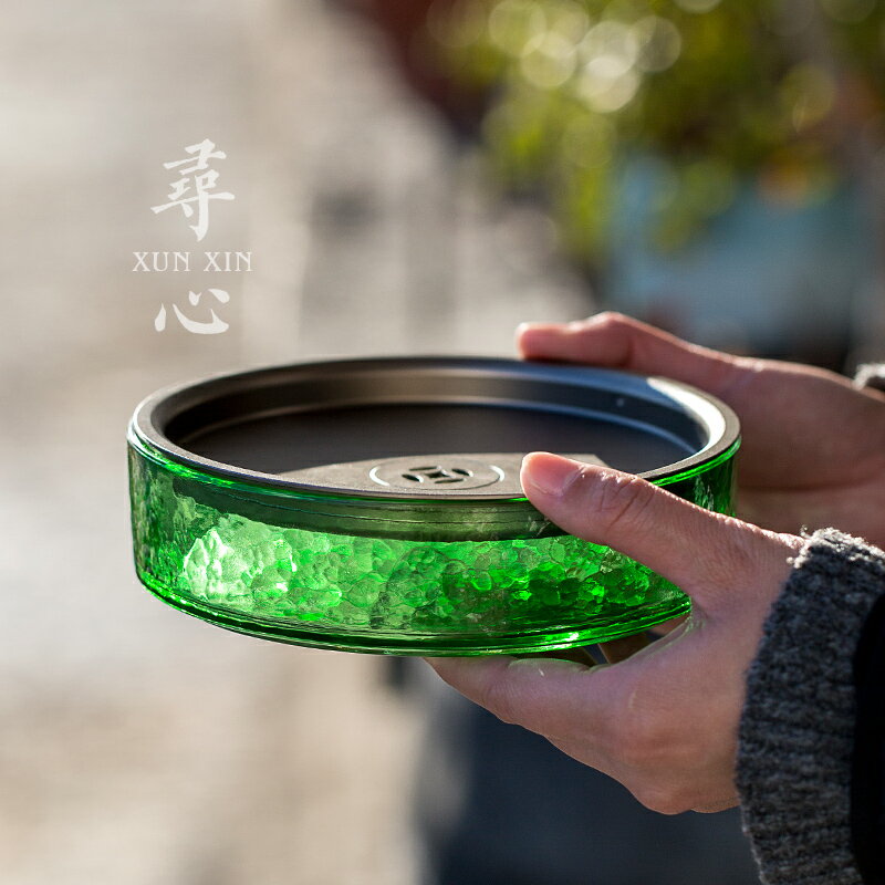日式加厚玻璃圓形儲水幹泡盤透明耐熱壺承養壺盤壺託茶盤茶具配件