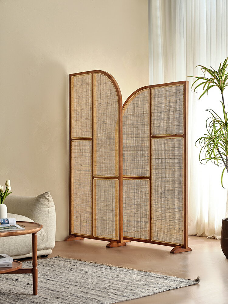 優購生活 日式實木藤編屏風組合小戶型客廳創意隔斷墻可移動新中式禪意座屏屏風櫃 屏風 隔間 客廳 玄關櫃 隔板 屏風架訂製 1