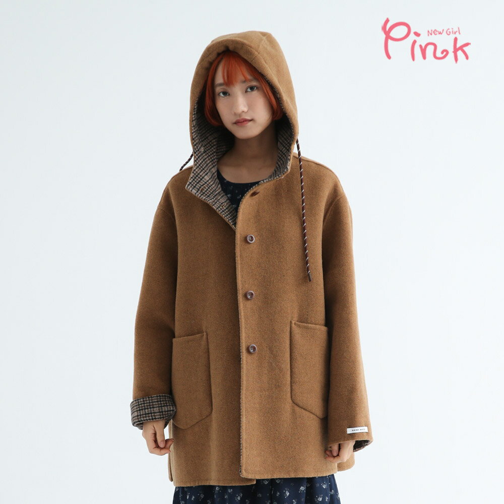 高質感★Pink復古雙面羊絨連帽大衣