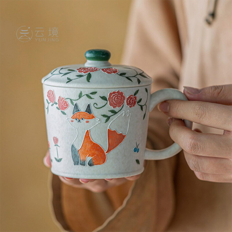 萌繪狐小玫帶蓋水杯陶瓷釉下彩辦公室泡茶馬克杯女士喝水可愛杯子