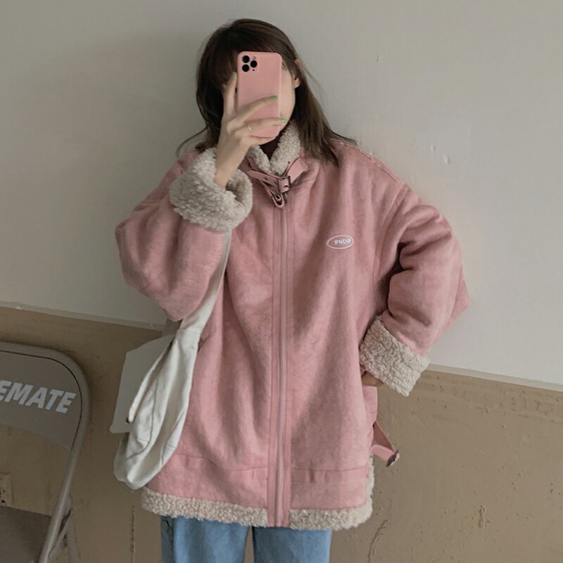 針織開衫仿羊羔毛立領棉衣外套女2021冬季機車服 加絨加厚棉服INS【淘夢屋】