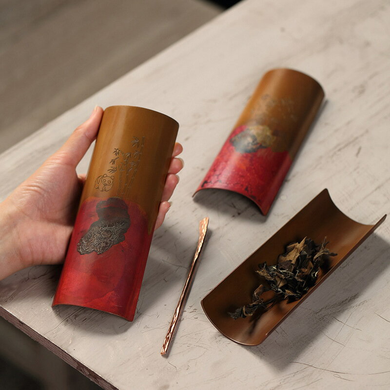茶禪意功夫茶具茶道配件紫銅鎏銀茶則茶勺 純手工賞茶荷茶撥套裝