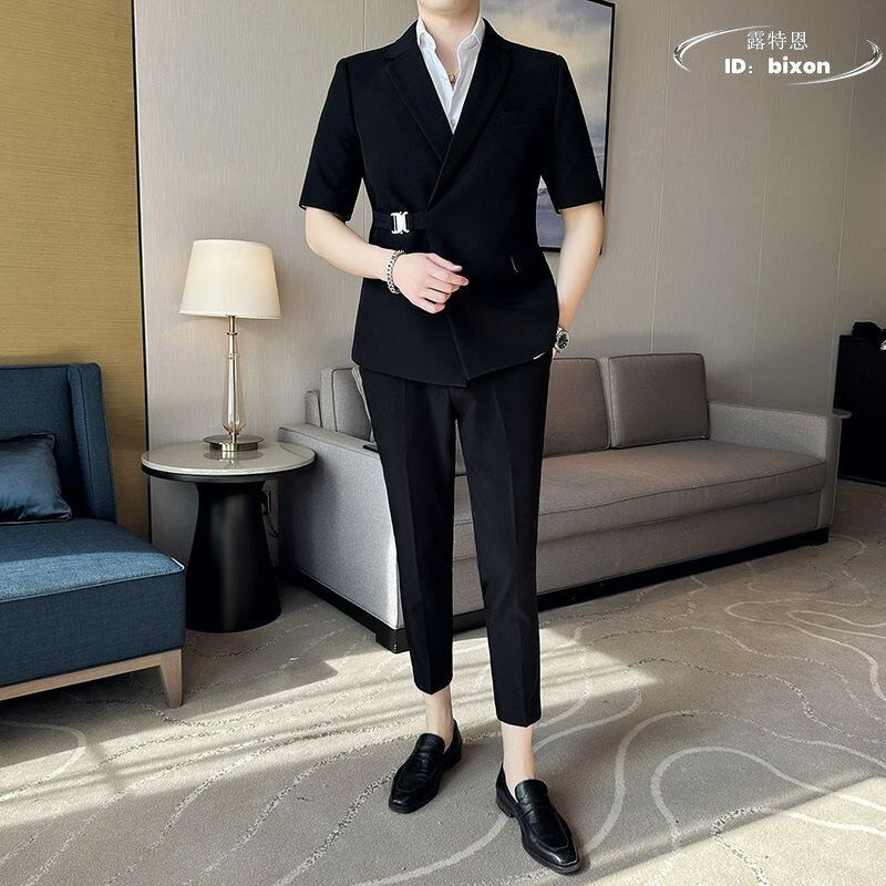 【限時免運】夏季薄款西服 設計感中袖西裝套裝 男士七分袖外套 休閒韓版 修身短袖西服