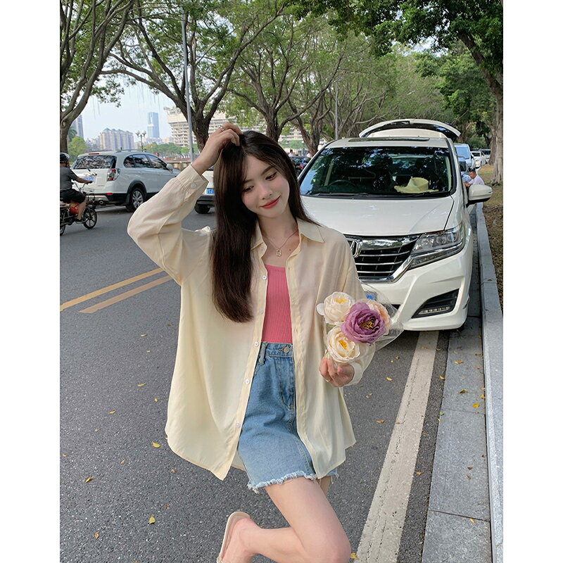 韓版黃色冰絲襯衫防曬開衫女夏季寬松外穿設計感小眾長袖空調上衣