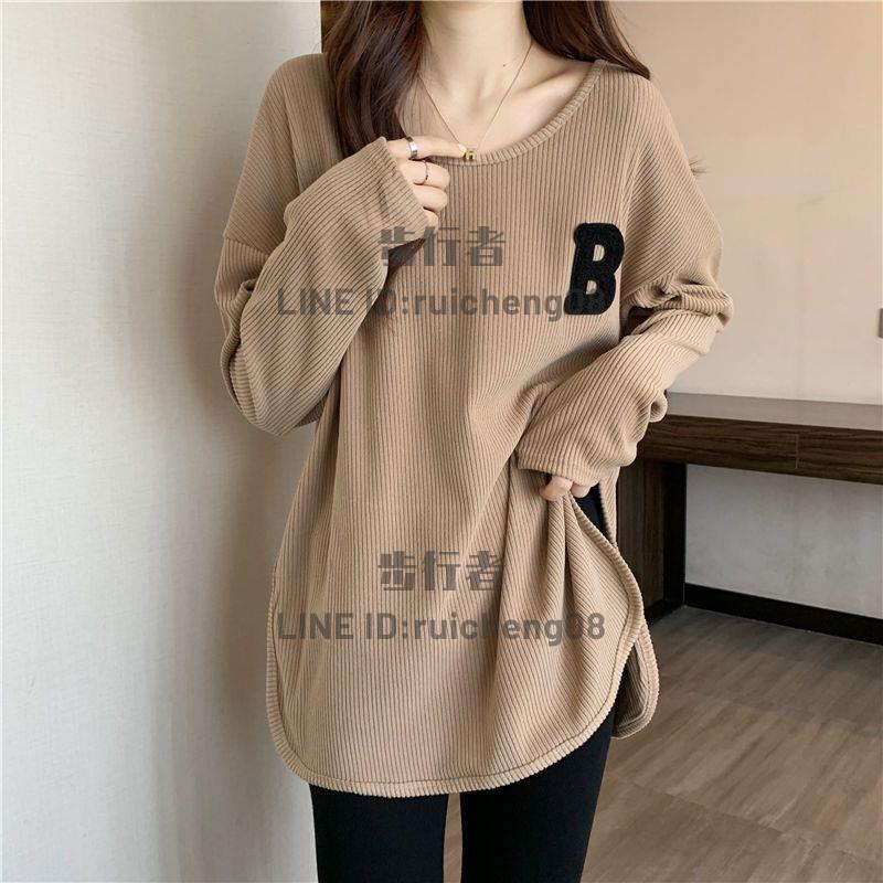 長袖T恤女春秋冬季寬鬆顯瘦洋氣百搭刺繡大碼打底衫上衣【步行者戶外生活館】