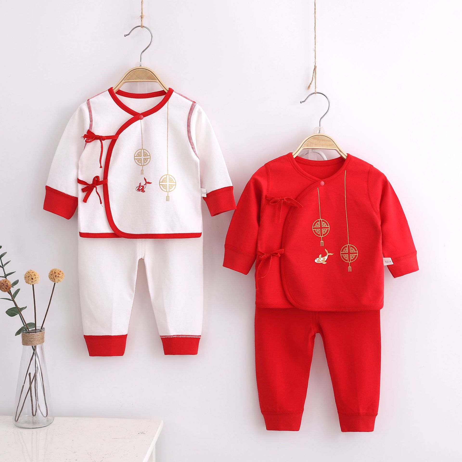 新生嬰兒衣服純棉分體套裝紅色喜慶滿月服初生寶寶和尚服打底內衣