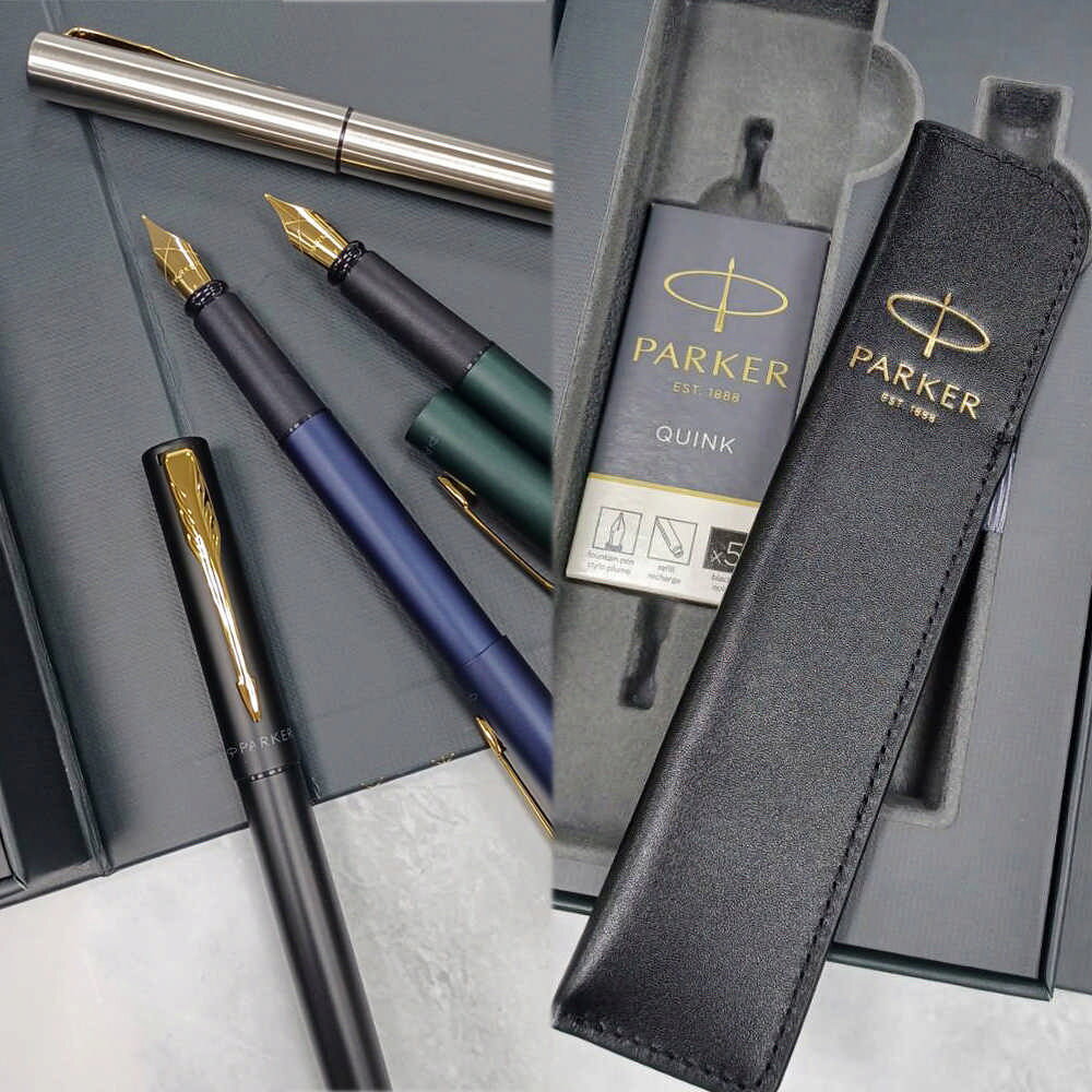 PARKER 派克新威雅XL 鋼筆+卡水+真皮筆套 禮盒組(黑桿金夾/鋼桿金夾/海軍藍/森林綠)