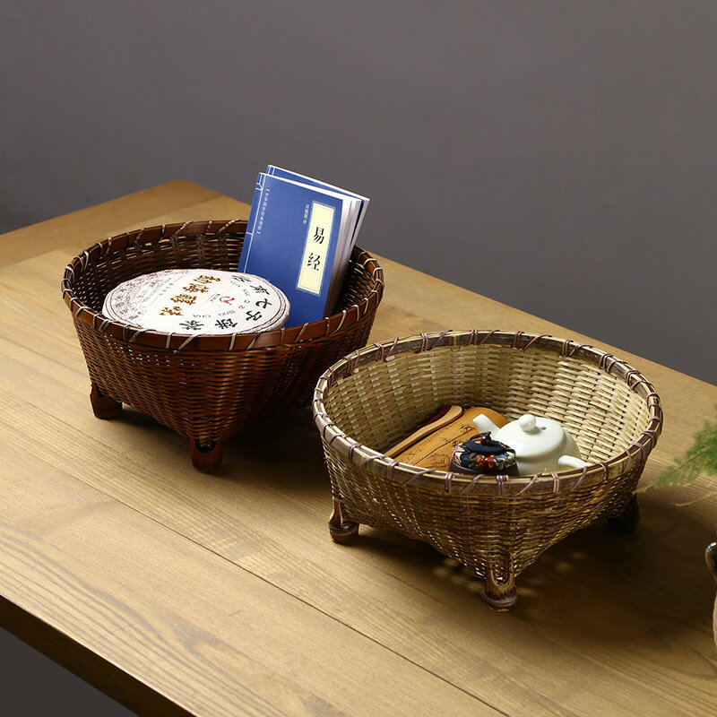 紫竹手工竹編仿古提籃 茶具收納盒 日式竹籃水果籃家用收納筐客廳