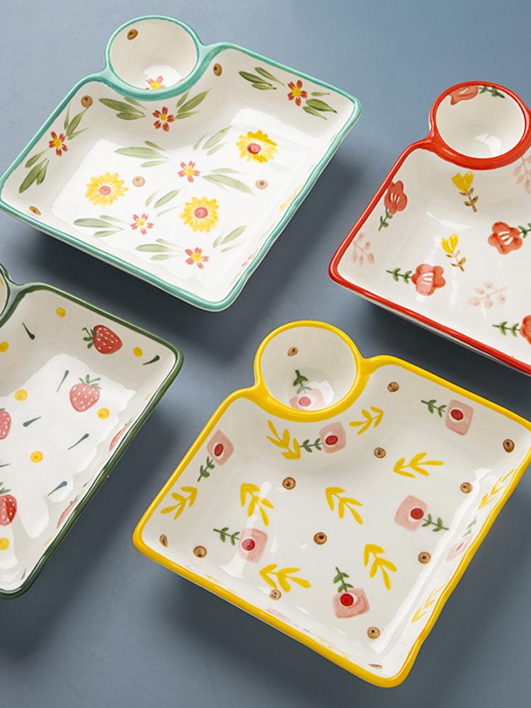 日式陶瓷盤家用水餃盤方形創意餐具網紅菜盤分餐盤餃子盤子帶醋碟