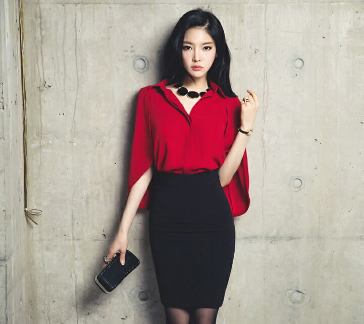 一個女孩的衣櫥--韓國東大門-韓版超仙顯瘦披肩雪紡上衣+氣質黑包臀修身套裝2件組