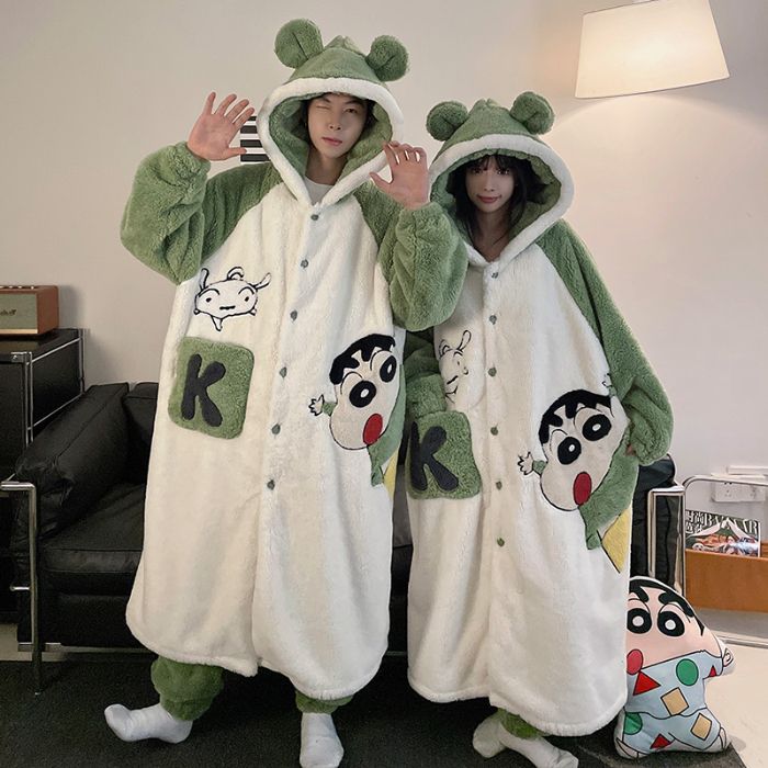 情侶睡衣女秋冬季加絨加厚珊瑚絨蠟筆小新長款男士睡袍家居服套裝