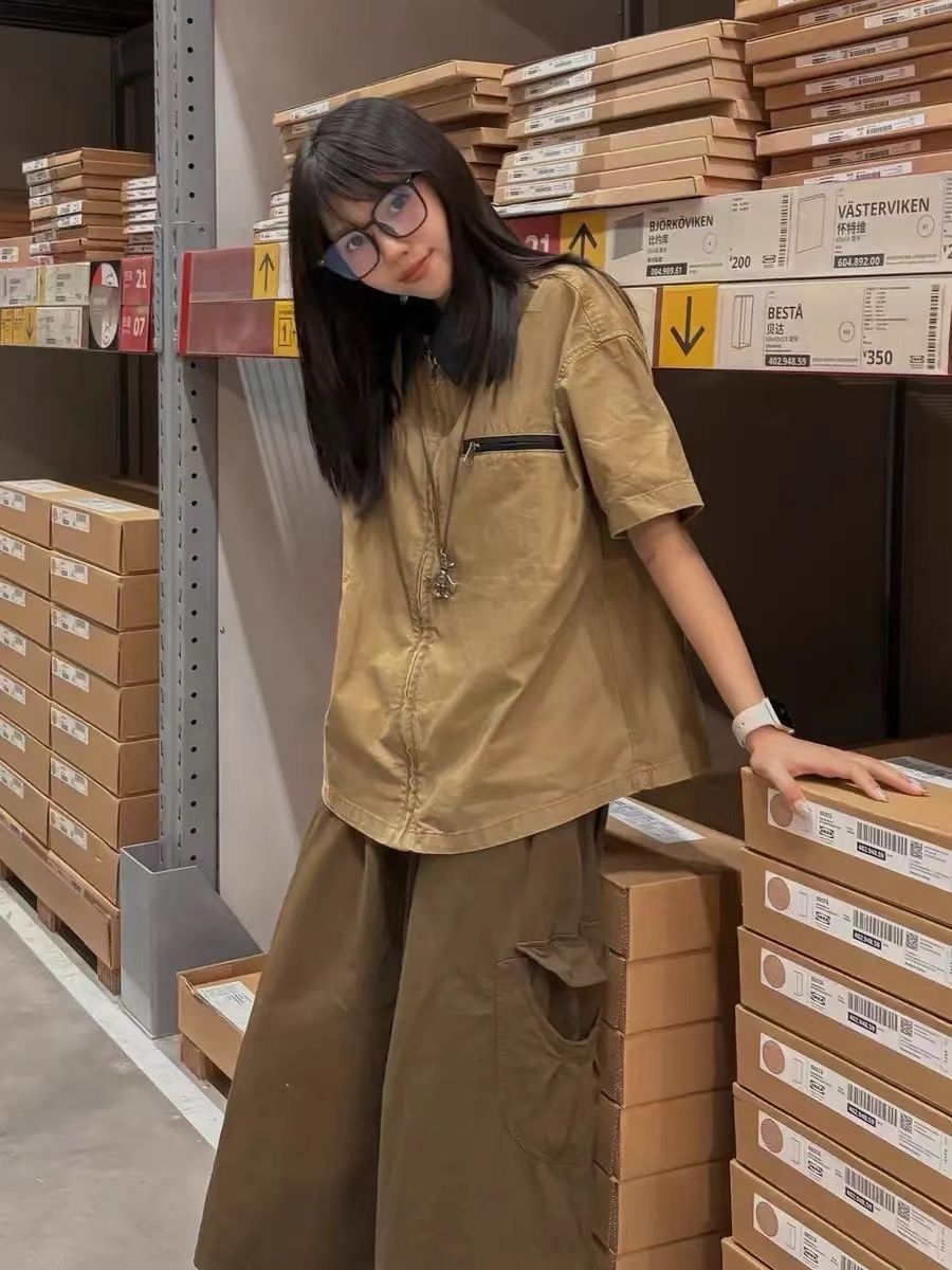 PS純棉法式復古襯衫女短袖2024夏季潮牌百搭學院風工裝襯衣ins潮—貼心服飾