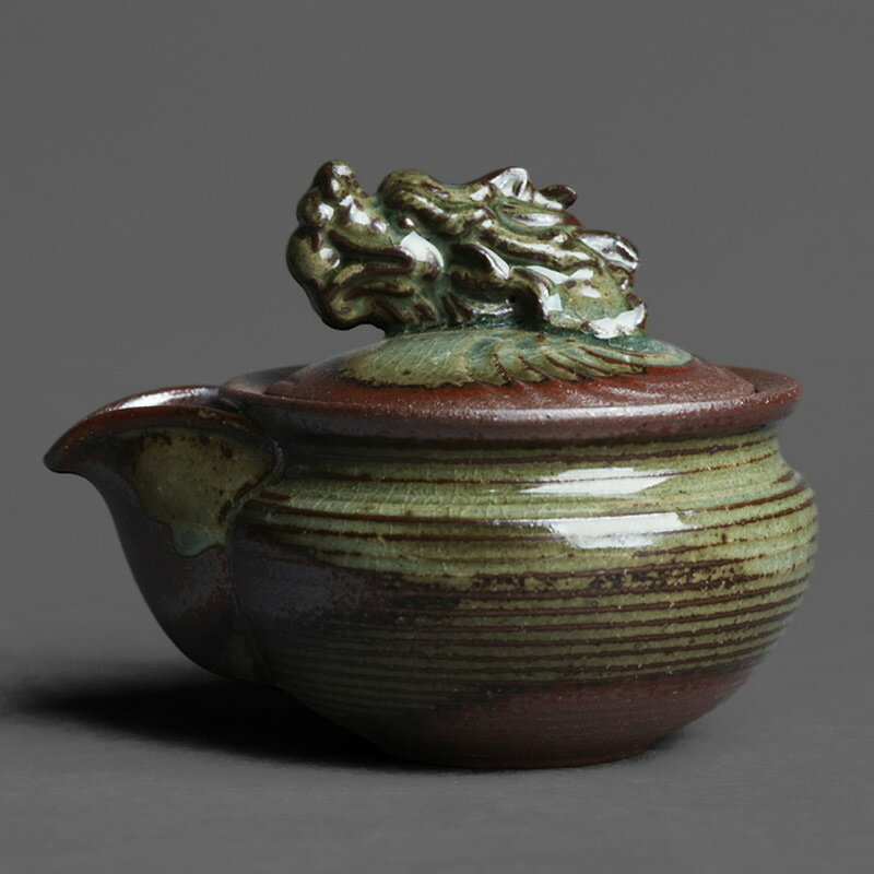 陶泥火痕釉龍摘寶瓶茶壺復古粗陶手抓壺個性功夫茶具寬口泡茶器