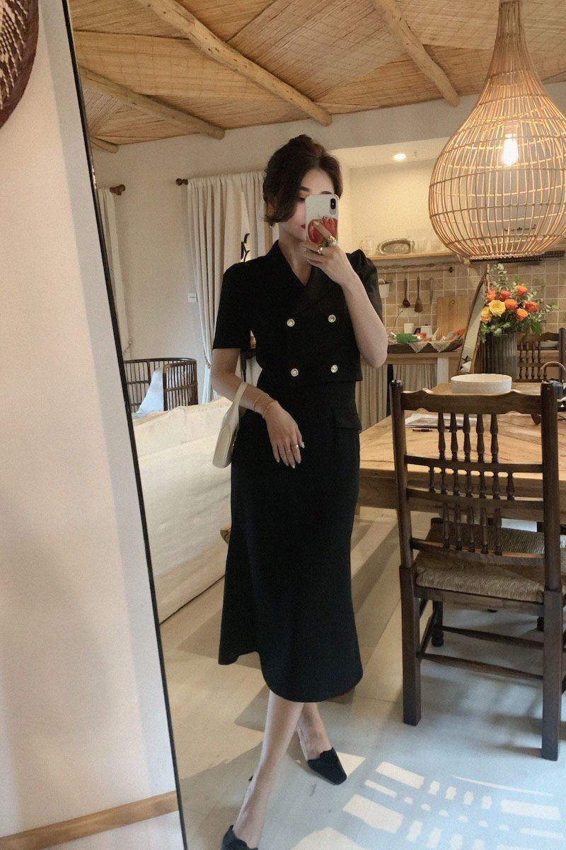 短袖裙裝女裝輕熟紫色西裝套裝法式茶歇桔梗收腰魚尾連衣裙兩件套新款