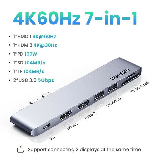 【日本代購】UGREEN USB C HUB 雙 Type-C 轉 USB 3.0 4KHDMI 適用於 M2 M1 MacBook Pro 空氣轉接器 Thunderbolt 3 擴充座 USB C 3.1 連接埠 Type C 集線器