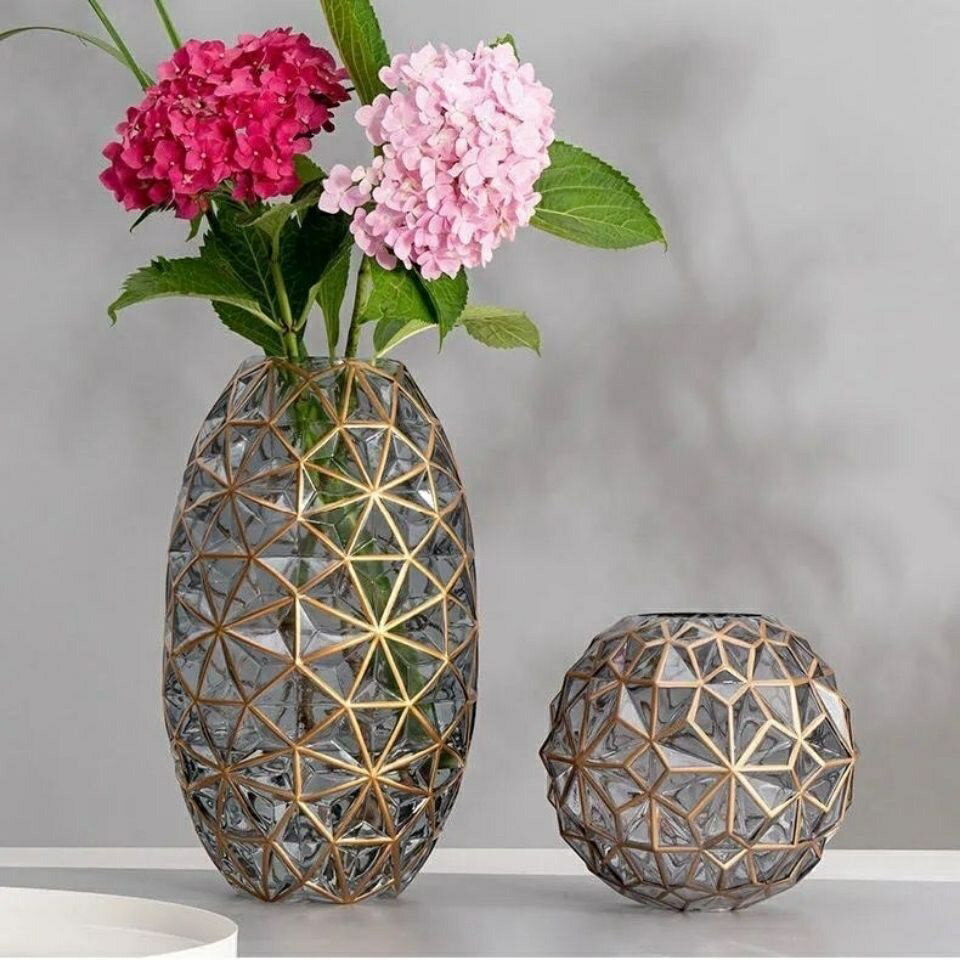彩色描金玻璃花瓶 輕奢創意 北歐風裝飾品 桌面檯面插花擺飾 家居裝飾品擺件