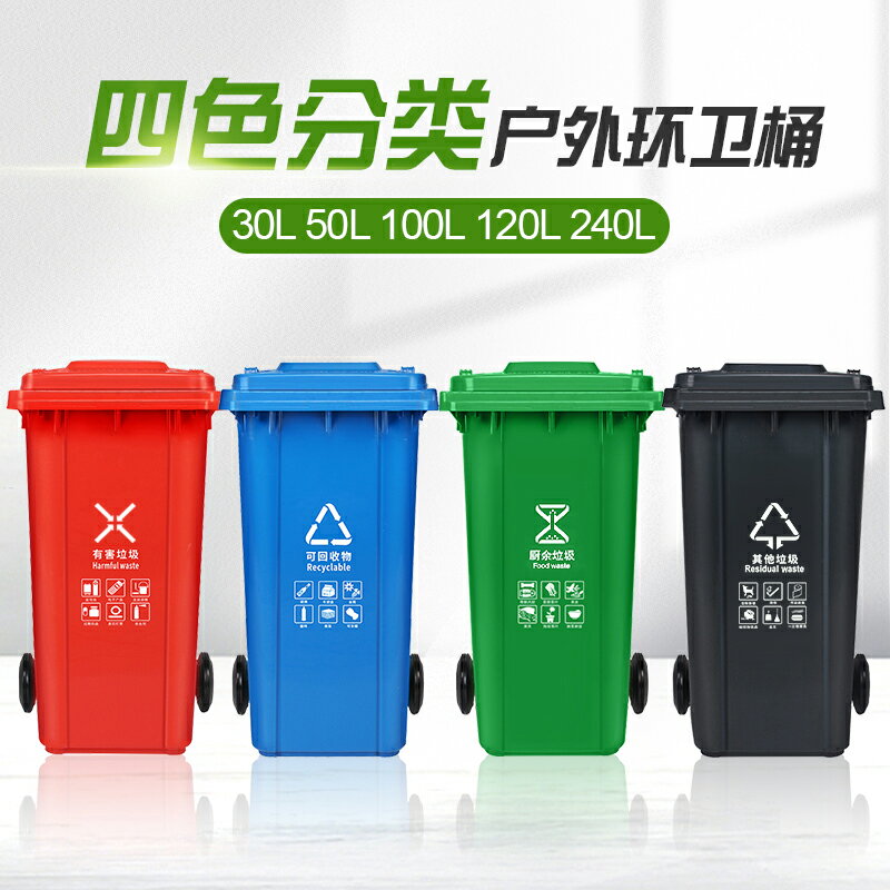 戶外垃圾桶 大號垃圾桶 四色垃圾分類垃圾桶商用大號帶蓋小區戶外大容量腳踏學校環衛箱『cyd7985』T