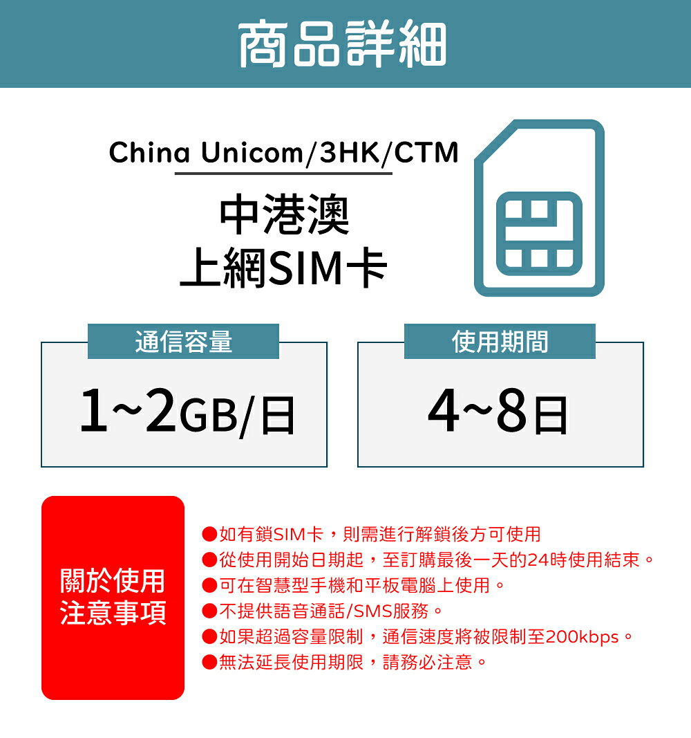 【World eSIM】中港澳SIM卡 中港澳上網 每日1GB~2GB 降速吃到飽 4G高速上網 China Unicom/3HK/CTM 手機上網 隨插即用 1