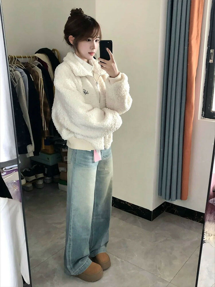 韓系學院風搖粒絨拉鏈翻領外套女秋冬季寬松小個子短款羊羔毛上衣【雲木雜貨】