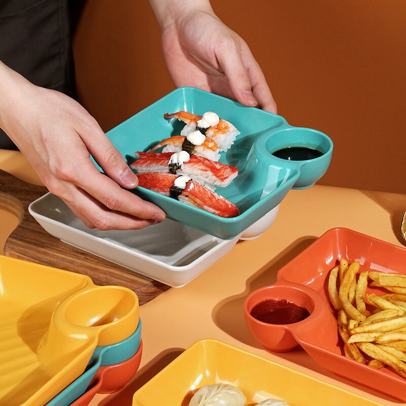 楓林宜居 創意日式餃子盤子帶醋碟碗家用水餃盤蘸料壽司分格盤方形專用餐盤