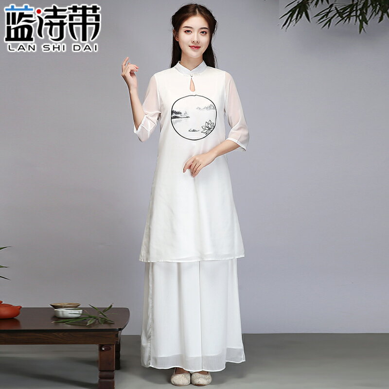茶人服女春夏裝新禪意文藝復古中國風雪紡茶藝師服裝中式上衣套裝