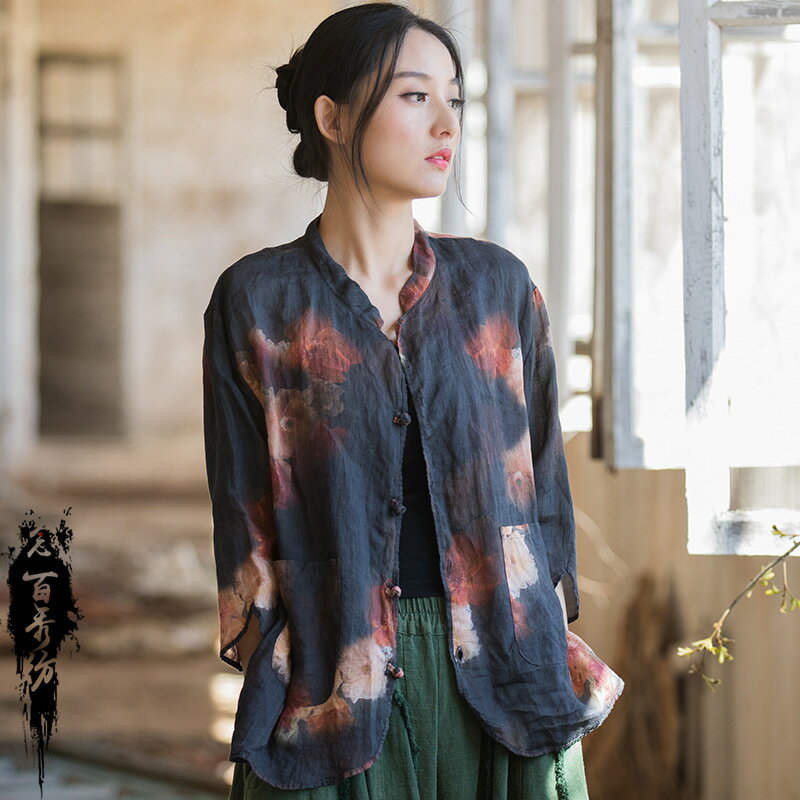 棉麻襯衫防曬上衣-個性印花夏季盤釦女上衣2色74eo23【獨家進口】【米蘭精品】