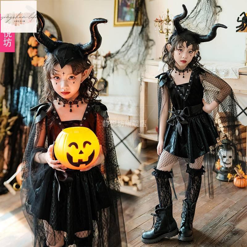 萬聖節兒童服裝惡魔女巫舞臺表演女童cos吸血鬼洋裝哥特2歲至14歲