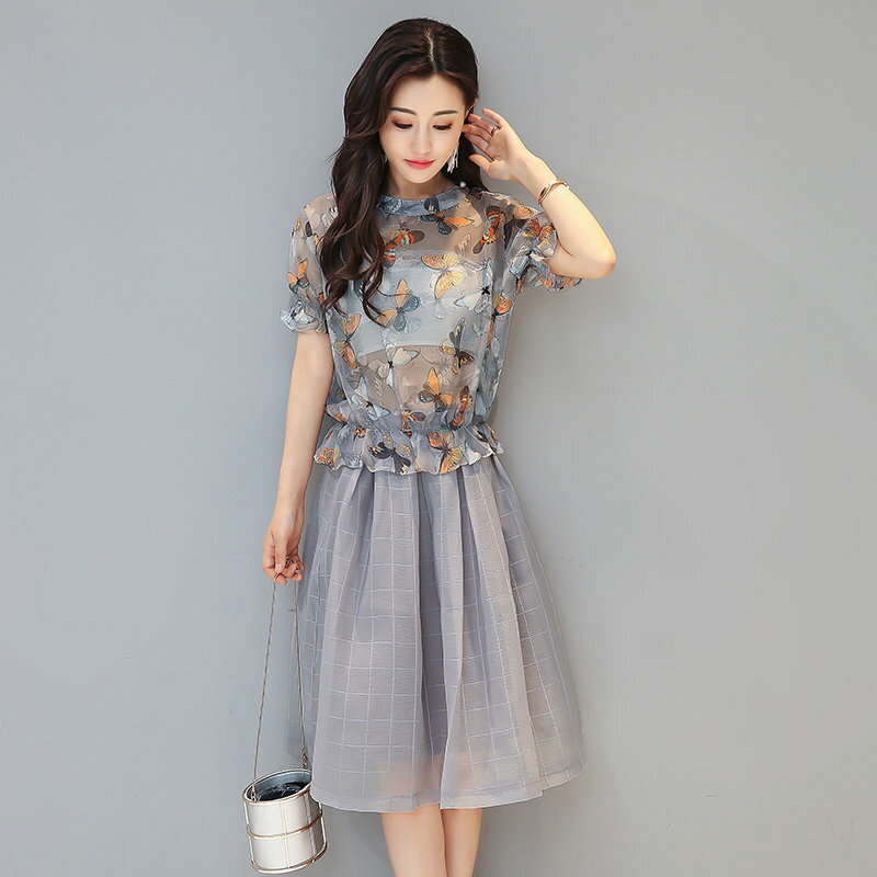 FINDSENSE G5 韓國時尚 女裝 雪紡 印花 兩件套 連身裙 短袖 套裝