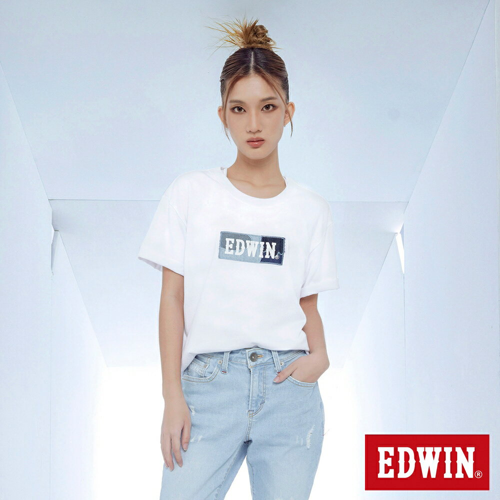 EDWIN 女款 再生系列 CORE 拼布 BOX LOGO短袖T恤 (白色)