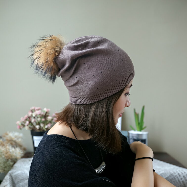 秋冬季毛線帽女韓版保暖貉子球薄款毛線帽燙鉆復古針織帽月子帽1入