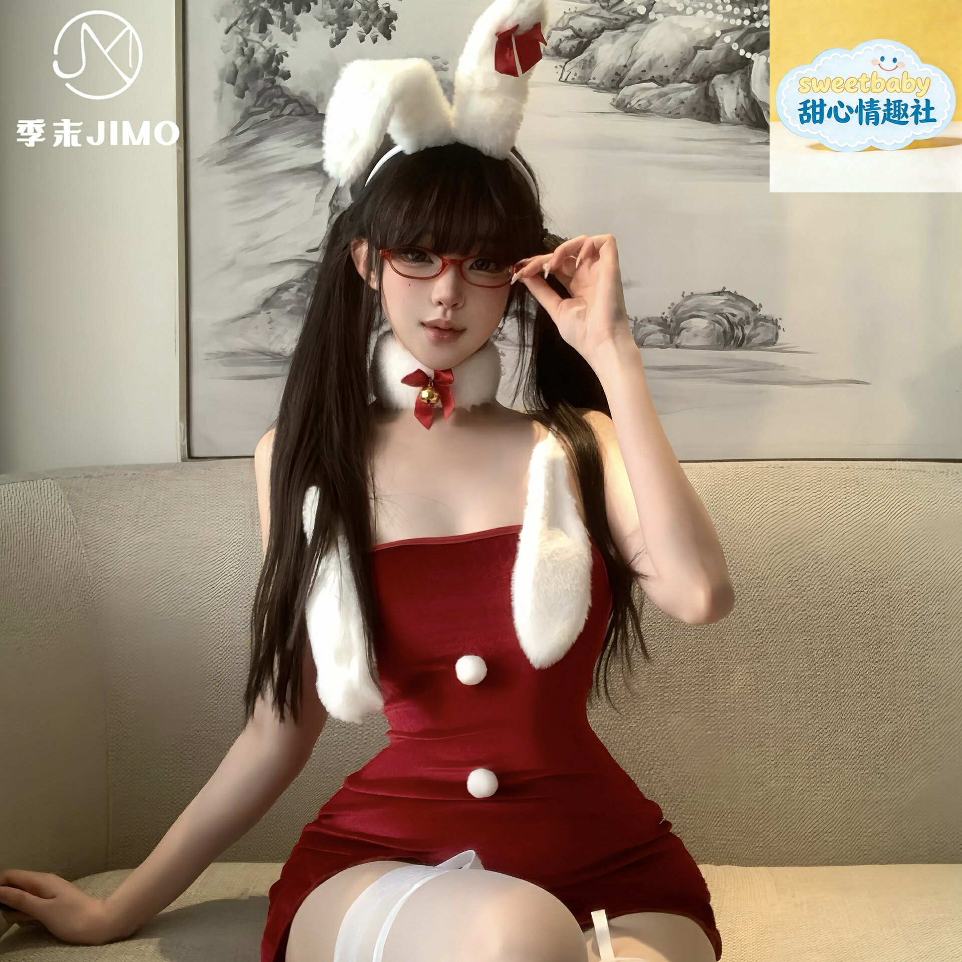 【聖誕約會戰袍】兔女郎套裝 情趣內衣 包臀裙 抹胸裙 毛絨套裝 韓國絨面料 性感蕾絲邊 聖誕派對 情侶調情 角色扮演