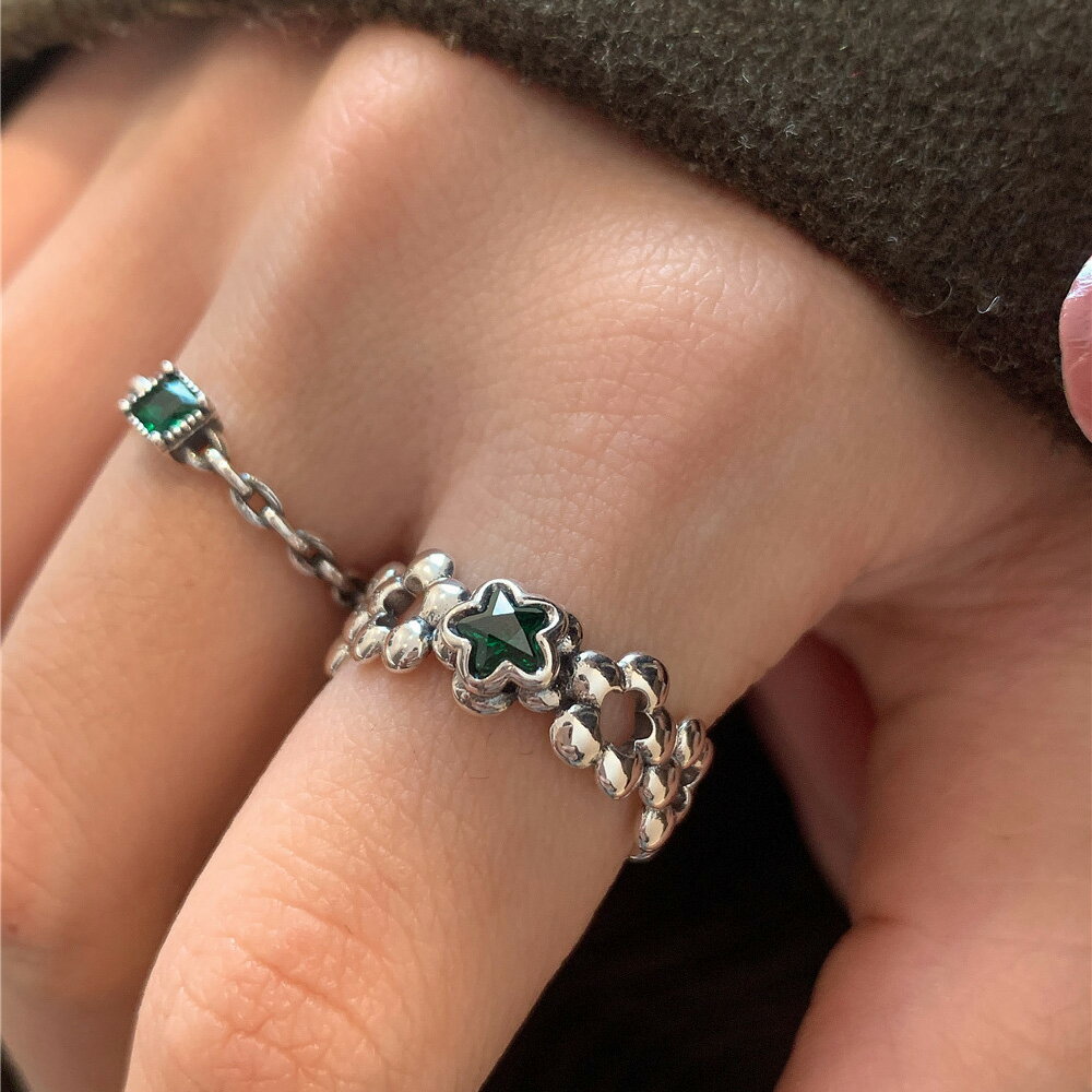 小寶s925純銀祖母綠鋯石五角星花朵開口戒指女小眾設計輕奢高級感