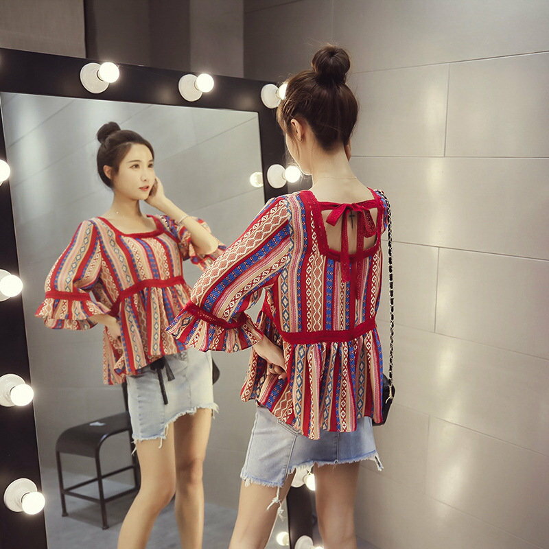 FINDSENSE G5 韓國時尚 夏季 寬鬆 蕾絲 拼接 七分袖 雪紡衫 條紋 襯衫