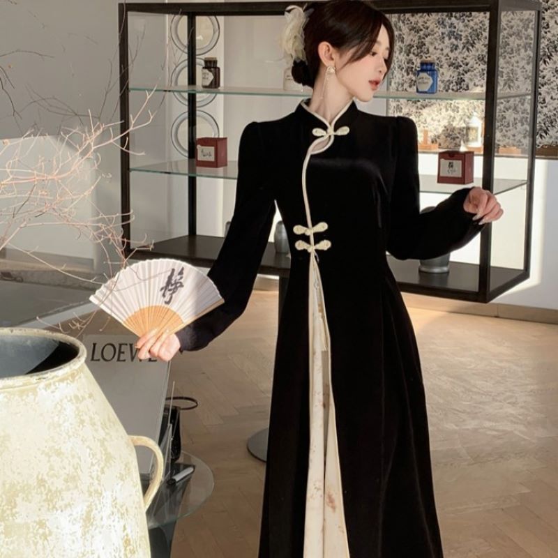 【巴黎精品】連身裙長袖洋裝-新中式改良旗袍氣質顯瘦女裙子黑色w1af47