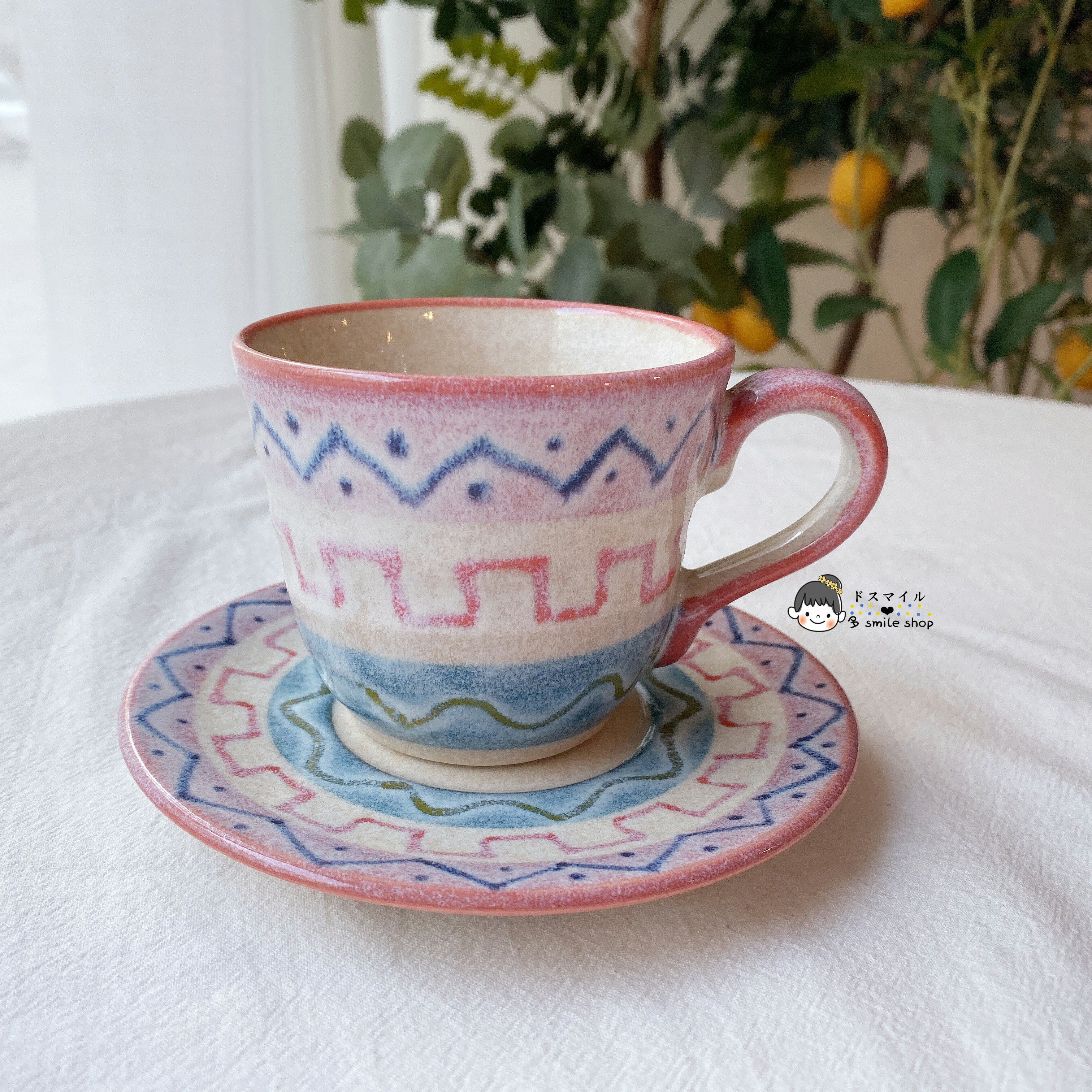 進口瀨戶燒夢幻色彩粉紫色手繪陶瓷幾何圖案手工咖啡杯碟