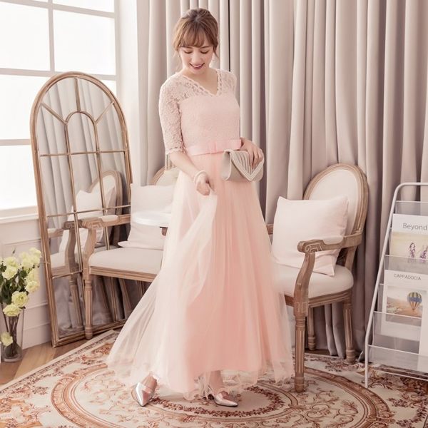 灰姑娘[88136-S]V領玫瑰蕾絲高雅綢緞網紗長裙五分袖小禮服/伴娘服/尾牙 1