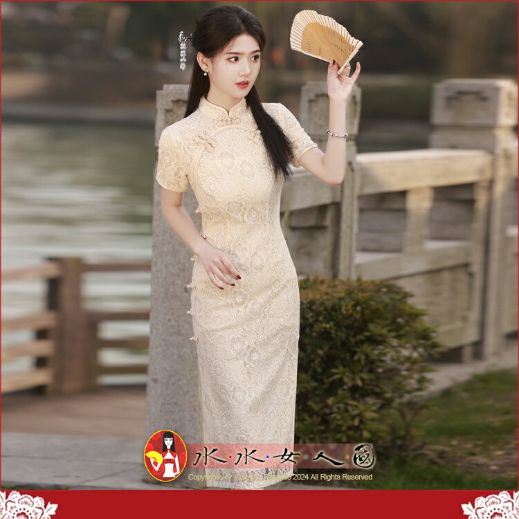 膚色圓襟蕾絲中長款旗袍春夏中國風復古純色少女中式文藝改良氣質年輕款修身連身裙洋裝-蕭玉-水水女人國