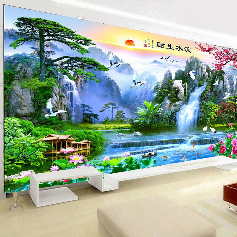 中式山水風景壁畫流水生財迎客松電視背景墻桌布客廳墻紙墻布壁布